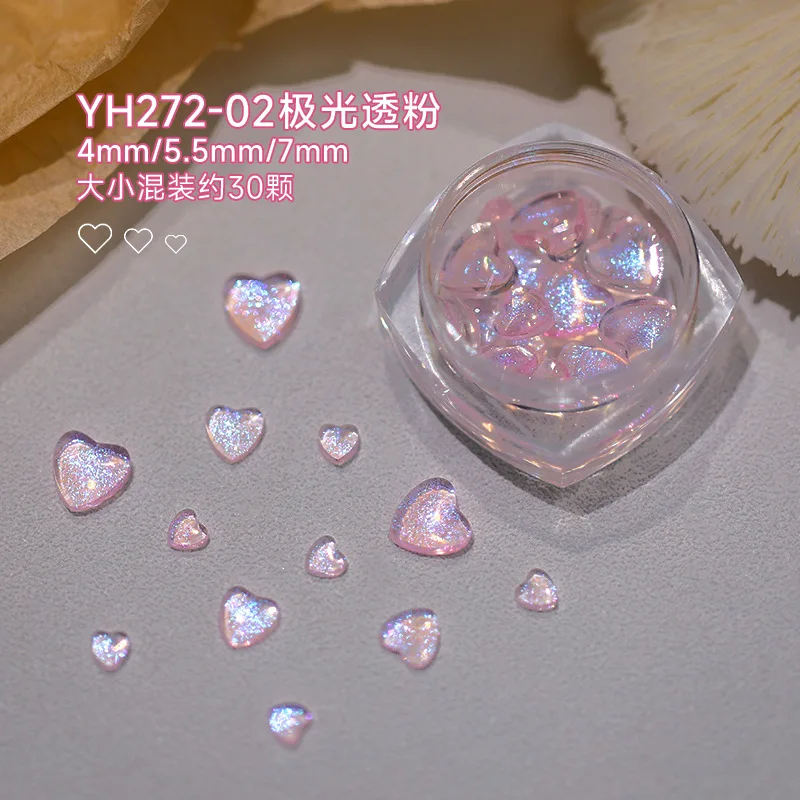 30pcs Aurora Love Heart Shiny Diamond Nail Rhinestone 4/5.5/7mm Mix Size 3D Flat Bottom Nail Decor Colorful Sparkling Nail Jewel