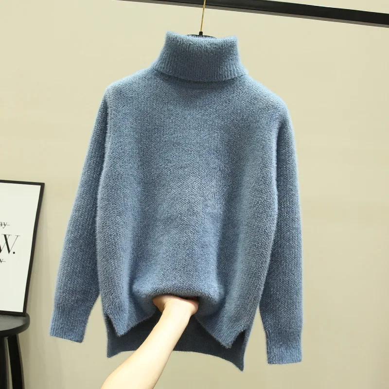 

Autumn winter loose 2019 new high-neck imitation mink velvet split fork thick knitted base sweater women's hedging