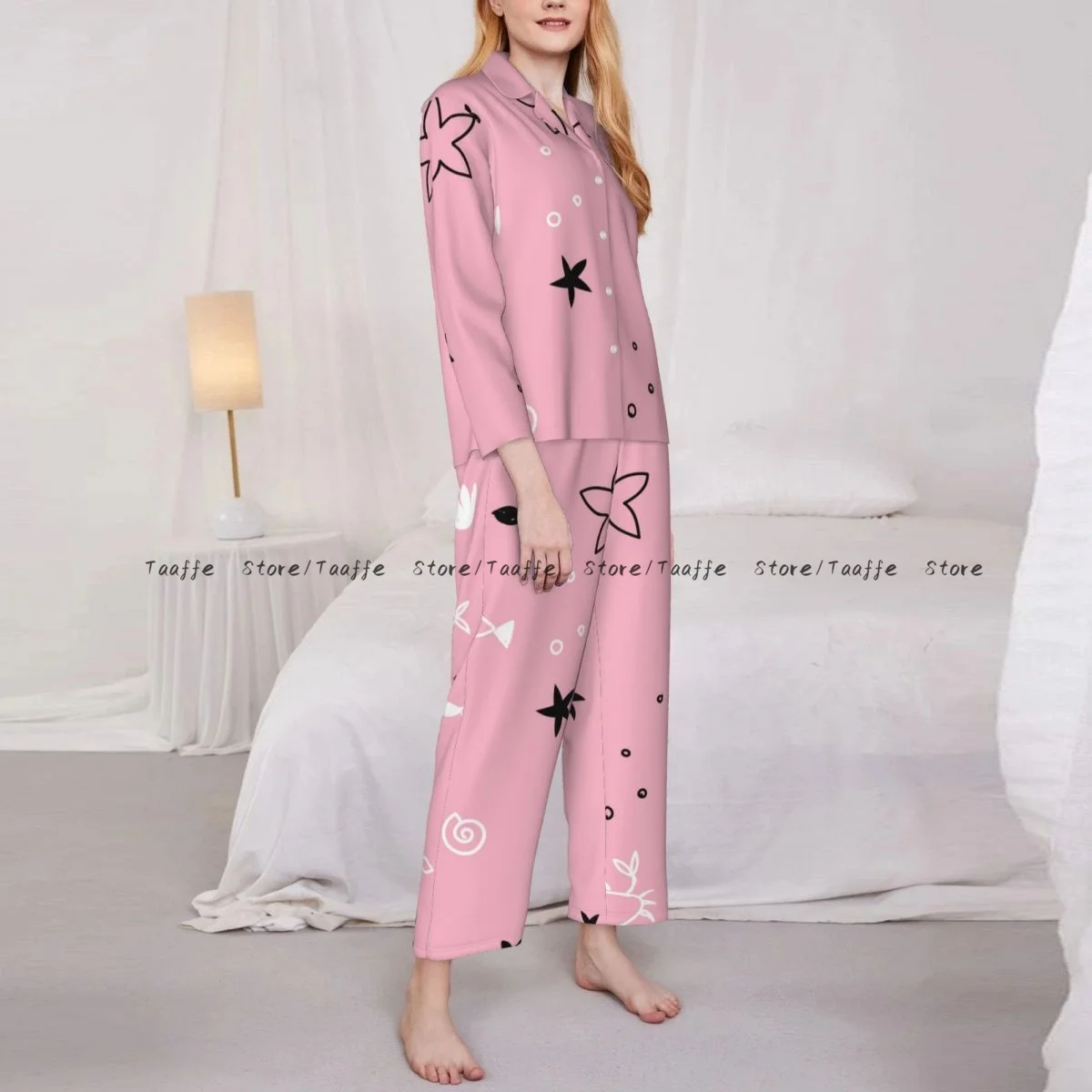 Autumn Long Sleeve Pants Pajamas Loungewear Set Funny Fish Starfish Shells And Crab Women's Pull Edge Loose Sleeping Suit