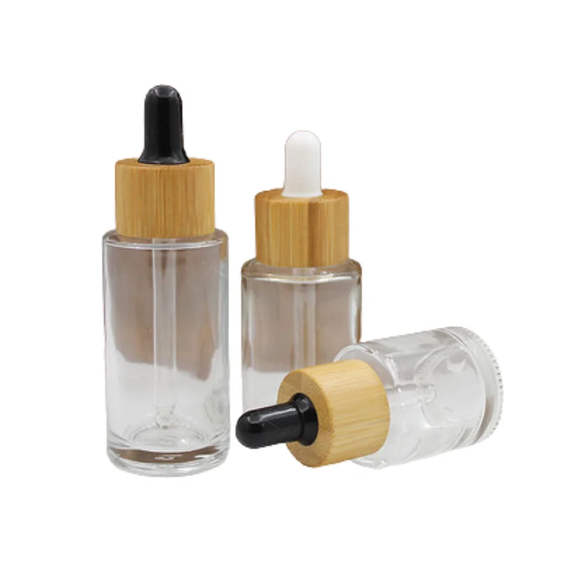 

10pcs Empty Clear Glass Dropper Bottle Wood Collar Black White Top Cosmetic Rubber Pipette Refillable Essential Oil Vials