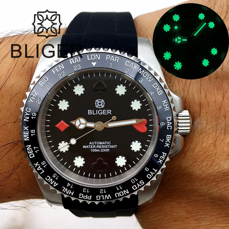 BLIGER Silver Case 40mm Sterile Black Dial Poker Pattern NH35 Mechanical Automatic Mens Watch Sapphire Curved End Rubber Strap