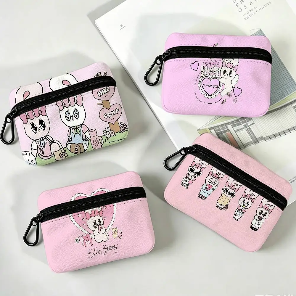E-Esther Bunny Cartoon Oxford Cloth Zipper Wallet Multifunctional Hanging Coin Bag For Credit Cards Keys Coins Wireless Earbuds