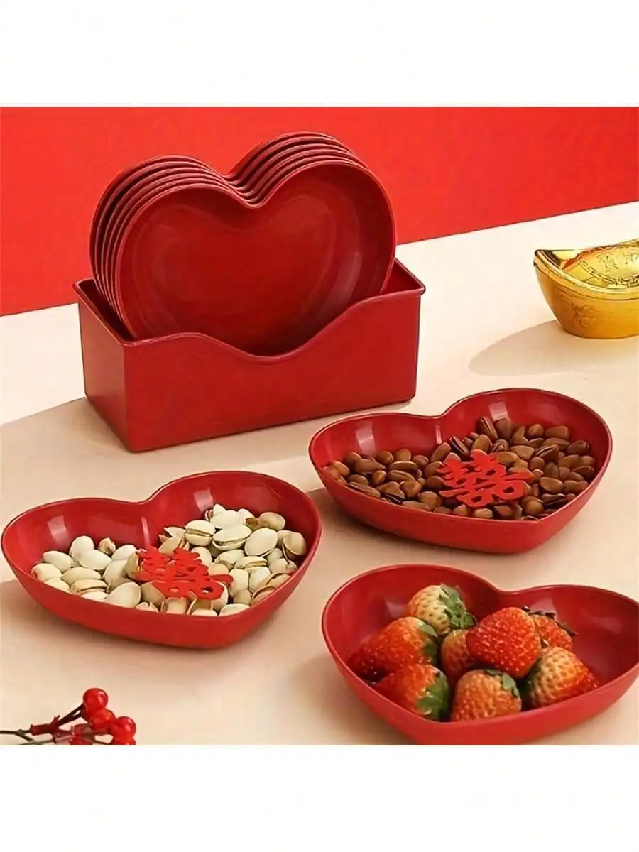 Juego de platos de cena de plástico con forma de corazón, plato de aperitivos de frutas con temática de corazón rojo y rosa, adecuado para todas las fiestas, 1/5/10/20 piezas