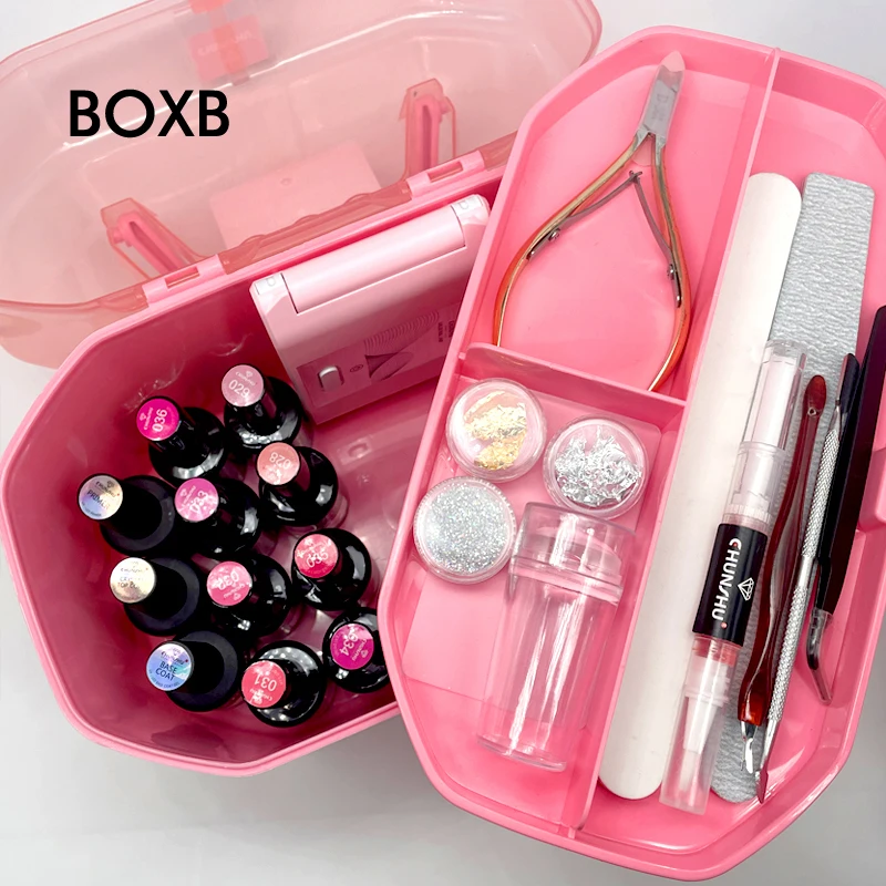 Double Layer Storage Box Multi Functional Makeup Organizer Case Nail Dryer Case Nails Manicure Tools Hand-held Container Pink Co