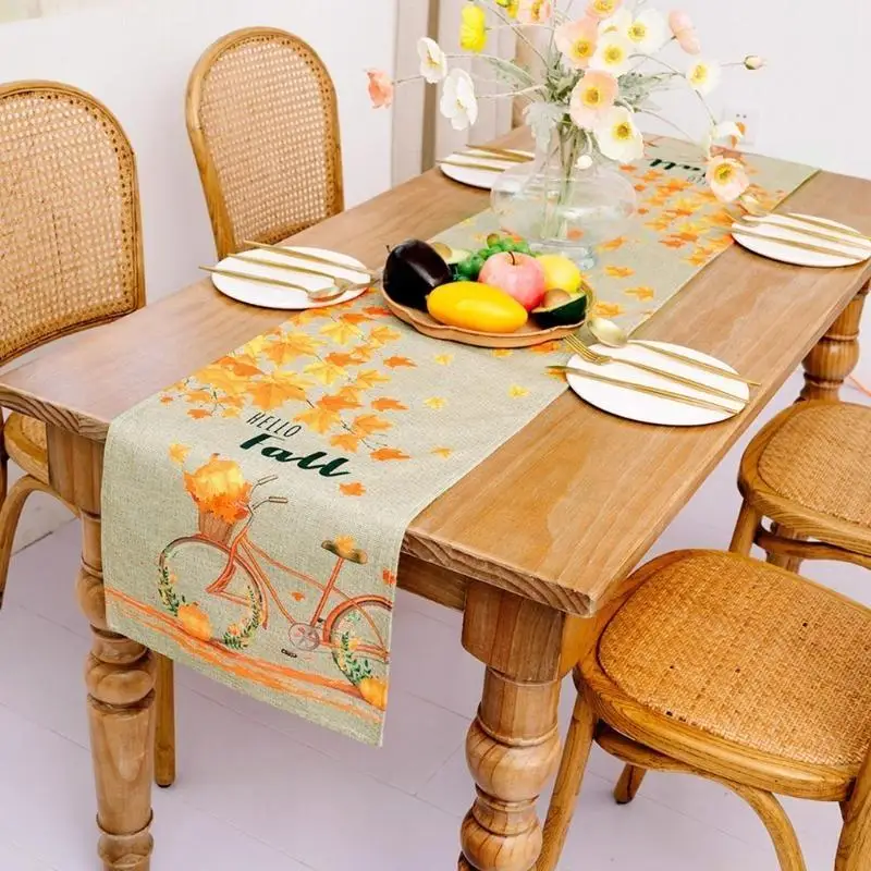 QX2E Thanksgiving Harvest Season Maple Table Runner Kitchen Dining Table Decor