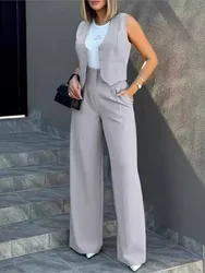 Moda Prosty zestaw damski Kamizelka Topy Wysoka talia Szerokie nogawki Spodnie 2-częściowy Zestaw 2024 Wiosna Lato Casual Office Ladies Suit