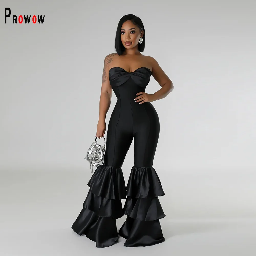 Prowow Sexy One-piece Women's Jumpsuits Shoulder Off Zipper Solid Color Female Romper Clothing Fashion Trend Ruffle Flare Pant