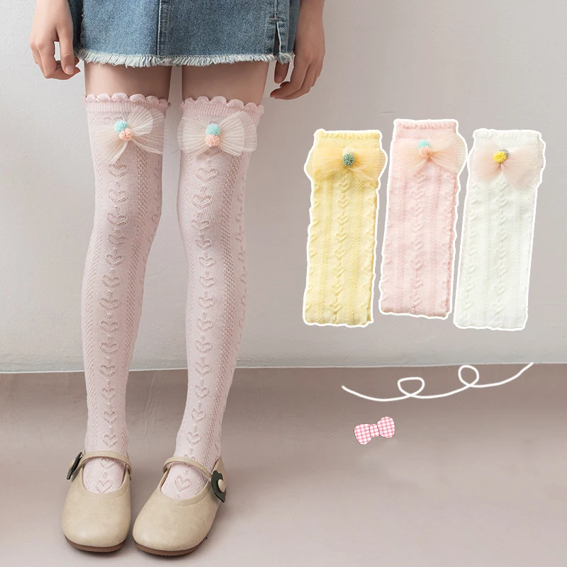 Summer Mesh Bow Stockings Princess Kids Lace Socks 3-12Year Baby Calf Sock JK Lolita Girls Long Tube Socks Children Footwear