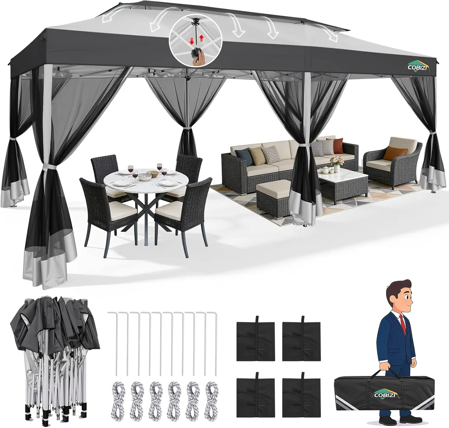 10x20ft Pop Up Gazebo Pavilion With Mosquito Netting Sidewall One Push Easy Up Canopy With Dual Vent Roof Screen Tent Backyard