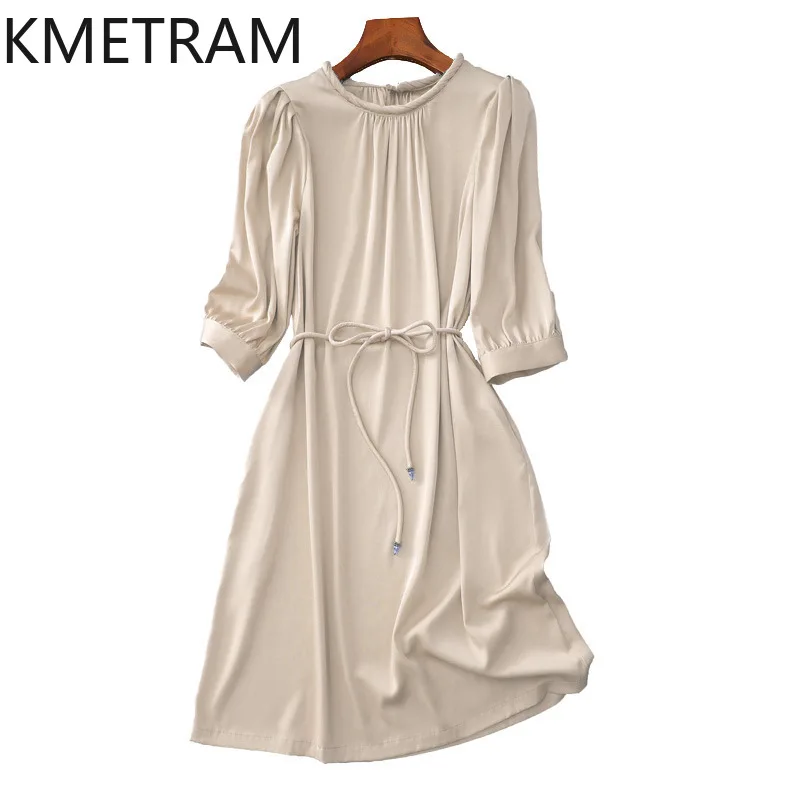 

KMETRAM Mulberry Silk Three-quarter Sleeve Waist Dresses for Women 2024 Summer Large Swing Type Dress Braided Collar Clothing