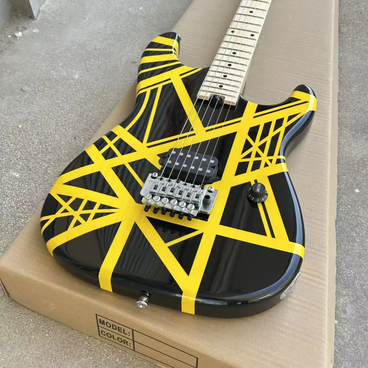 Unusual Yellow evh 6 Strings Electric Guitars High Quality with Black Strip Chrome Hardware