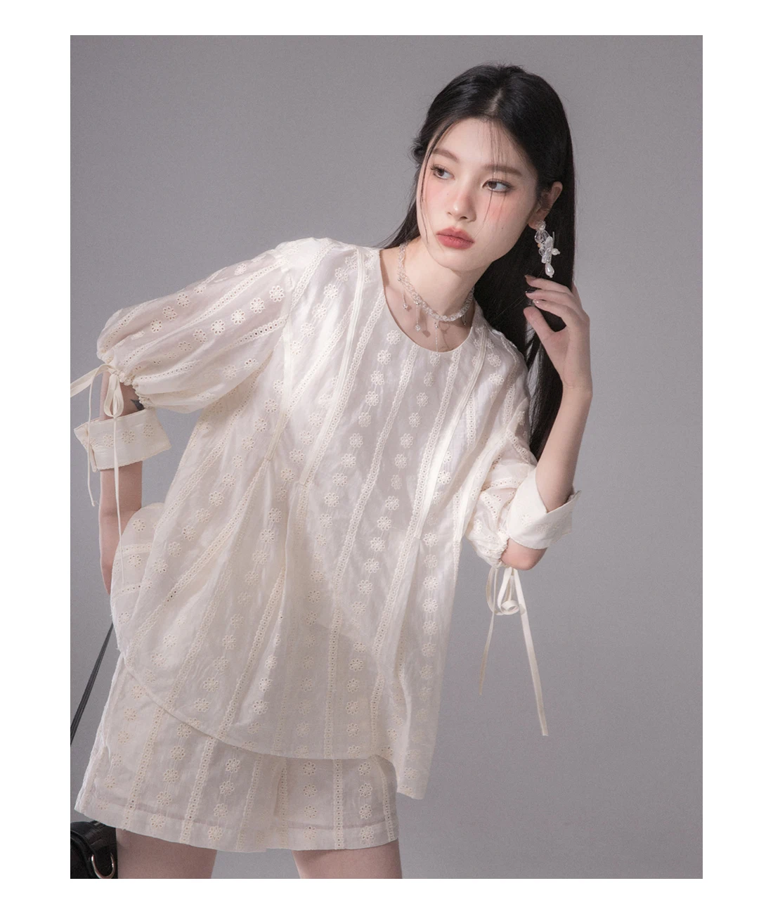 2 Pieces Set , French Women Loose Embroidery Flower Wide Leg High Waisted Beige Shorts Sets , Woman Lantern Sleeve Top Shirt