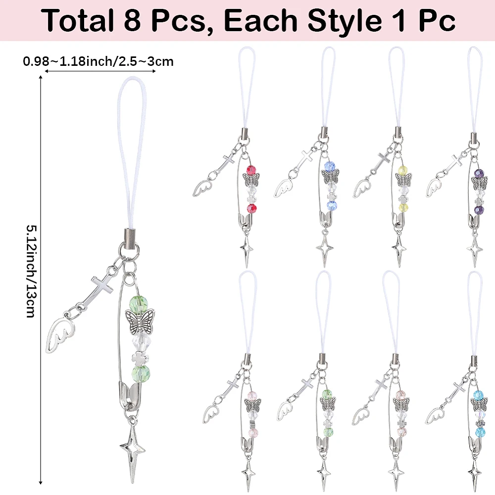 1 Box 8Pcs Phone Charm Cellphone Charms Dangle Bulk Silver Pin Bows Crucifix Gothic Strap Aesthetic Lanyard for Mobile Phone DIY