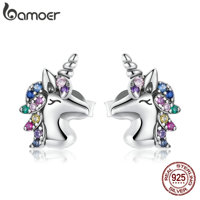 bamoer Silver Sharp Horned Horse Rainbow Colorful Zircon Unicorn Earrings 925 Sterling Silver for Women Jewelry BSE496