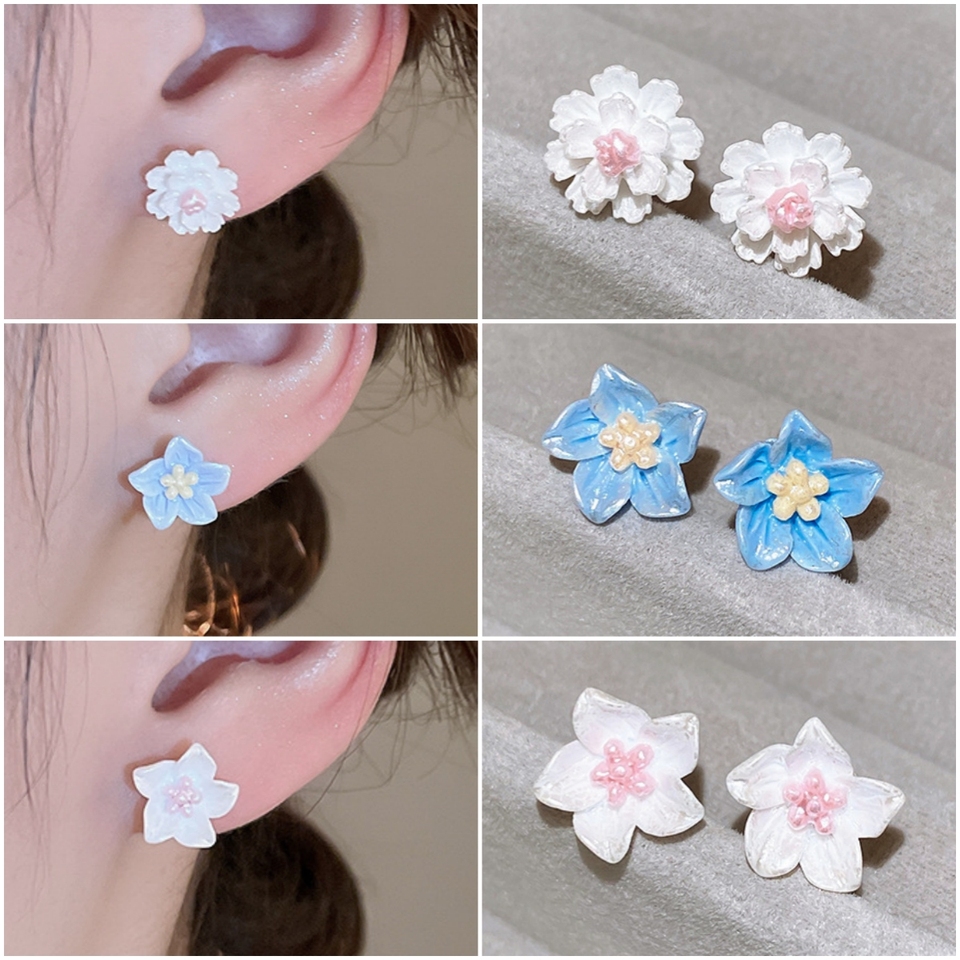  Small Fresh Resin Flower Earrings for Women Simple  Fashion Cute Camellia Stud Earrings Mini White Pink Blue Jewelry 