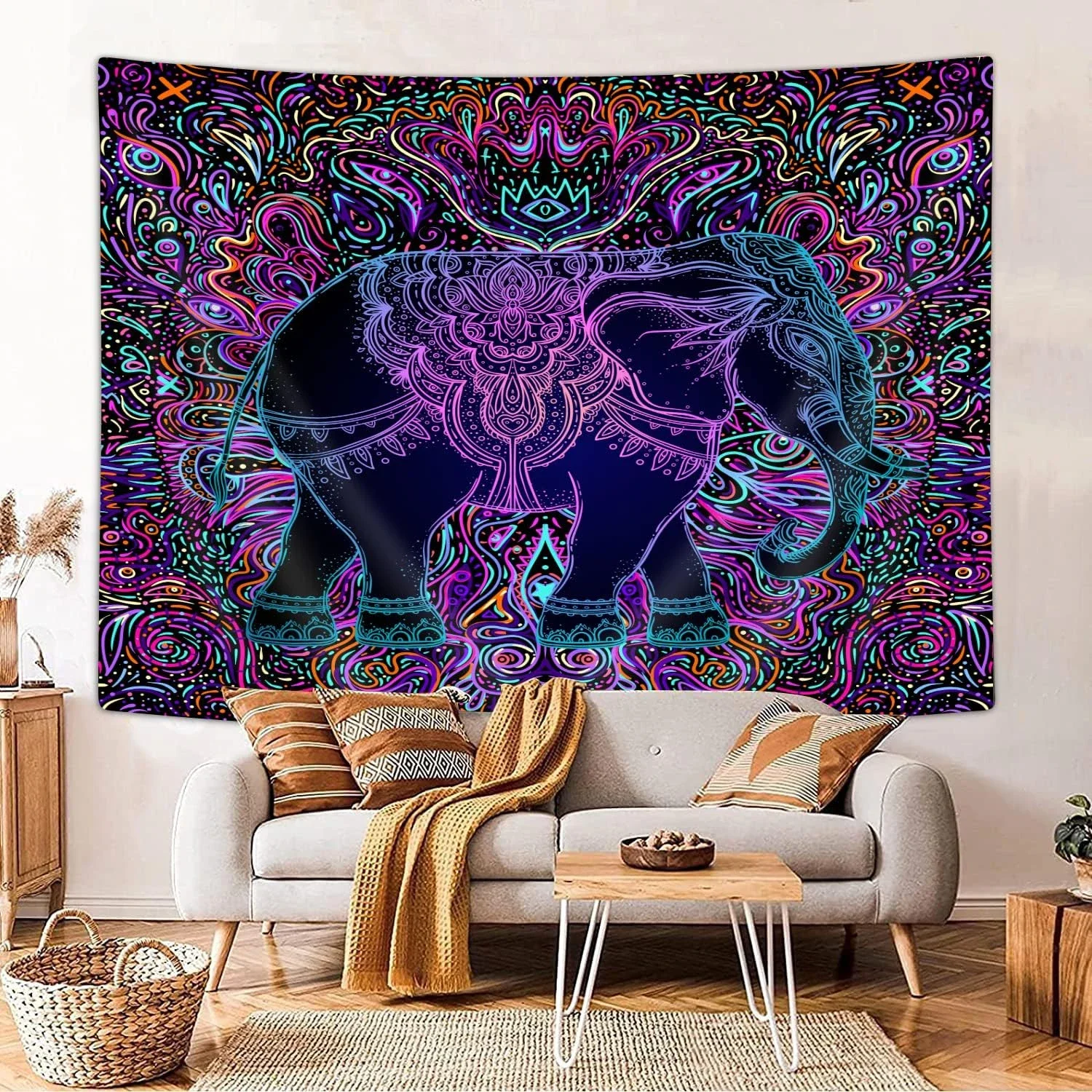 Vibrant Psychedelic Elephant Art Tapestry Bohemian Wall Hanging Macrame Boho Decor Festival Backdrop