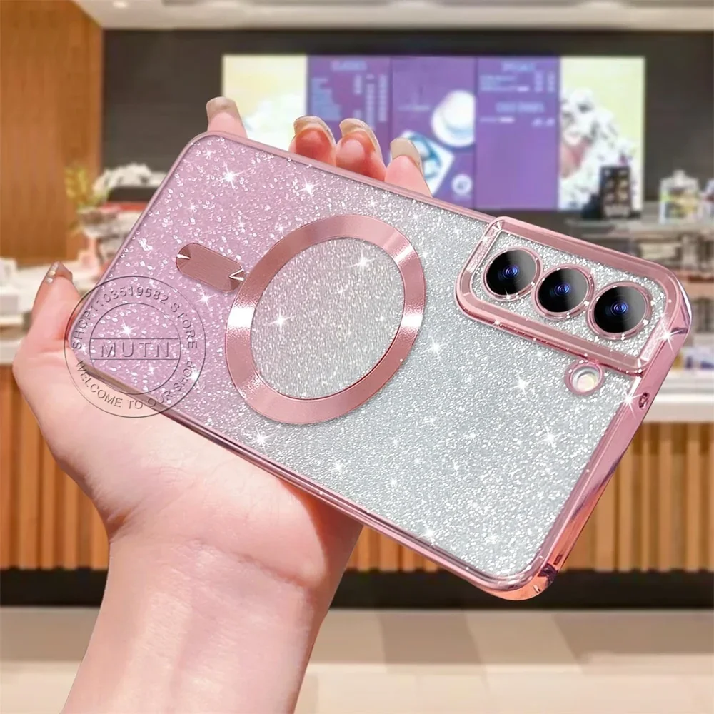 Glitter Bright Cover For Samsung Galaxy S25 S24 S23 S22 S21 S20 Plus FE Note20 Ultra Case Plating Wireless MagSafe Magnetic