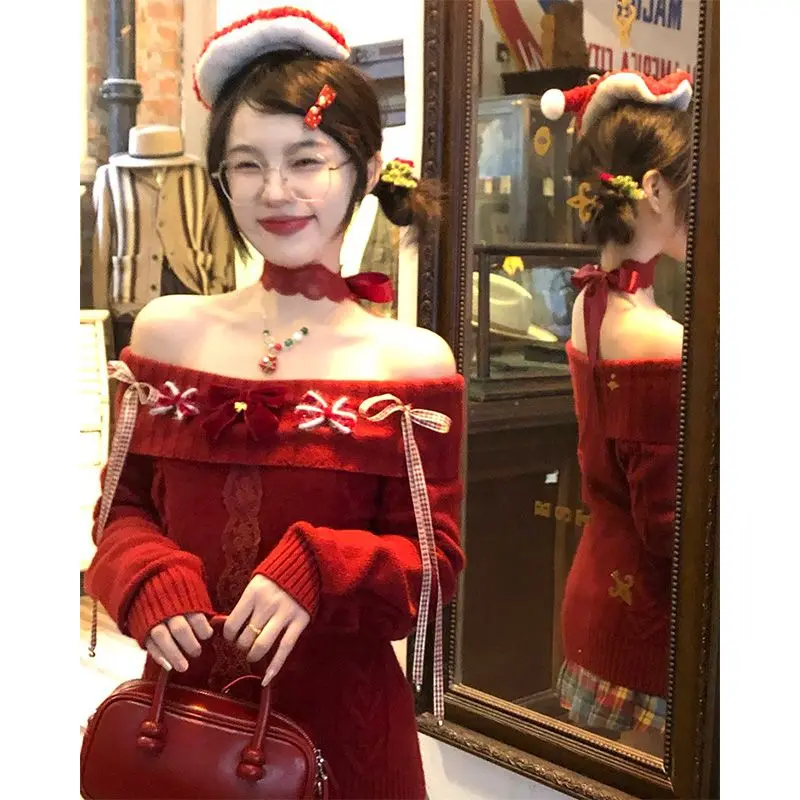 New Year Off Shoulder Red Slim Fit Knit Top Women Sexy Tie Up Bow Patchwork Sweater Harajuku Sweet Design Casual Pullovers 2025