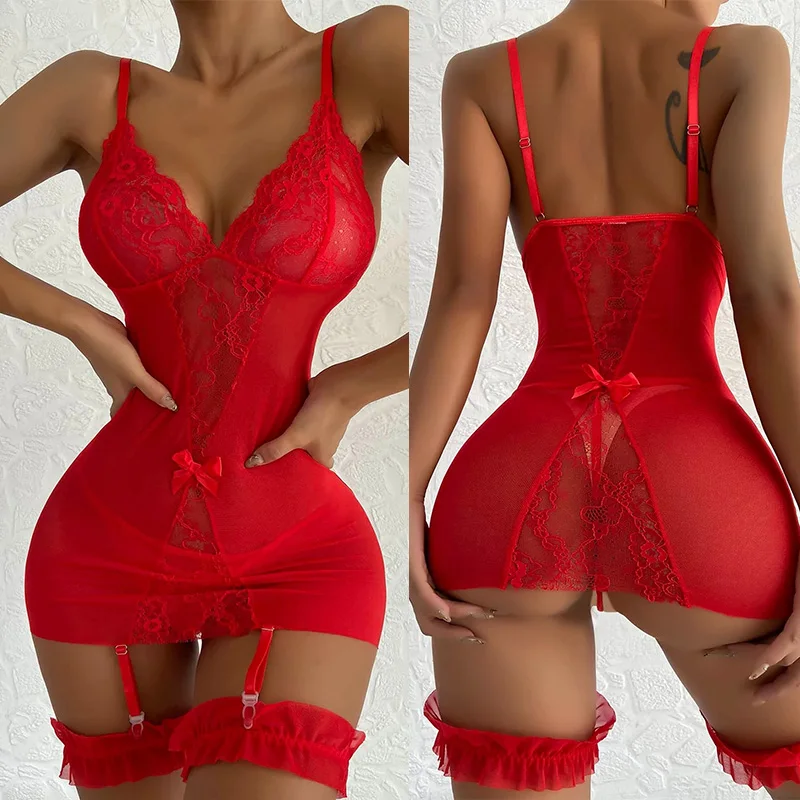 Transparent Sexy Underwear Women Erotic Lingerie Sexy Floral Lace V neck Bodycon Dress With Thong Garters