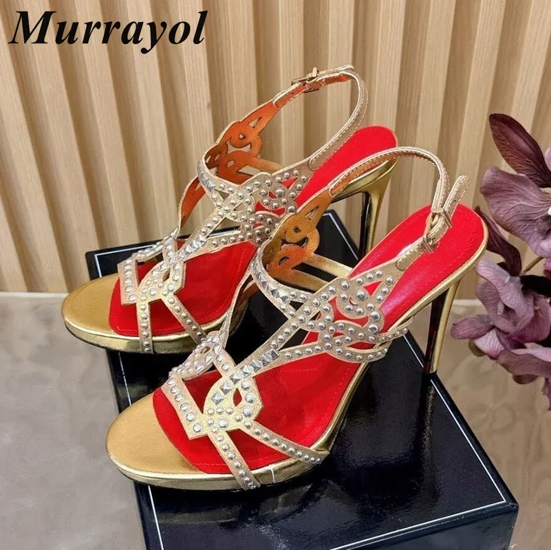 

Sexy Metal Rivet Decorated High-Heeled Sandals Women's Genuine Leather Hollow Out Open-Toe Sandaials Summer Party Banquet Shoes