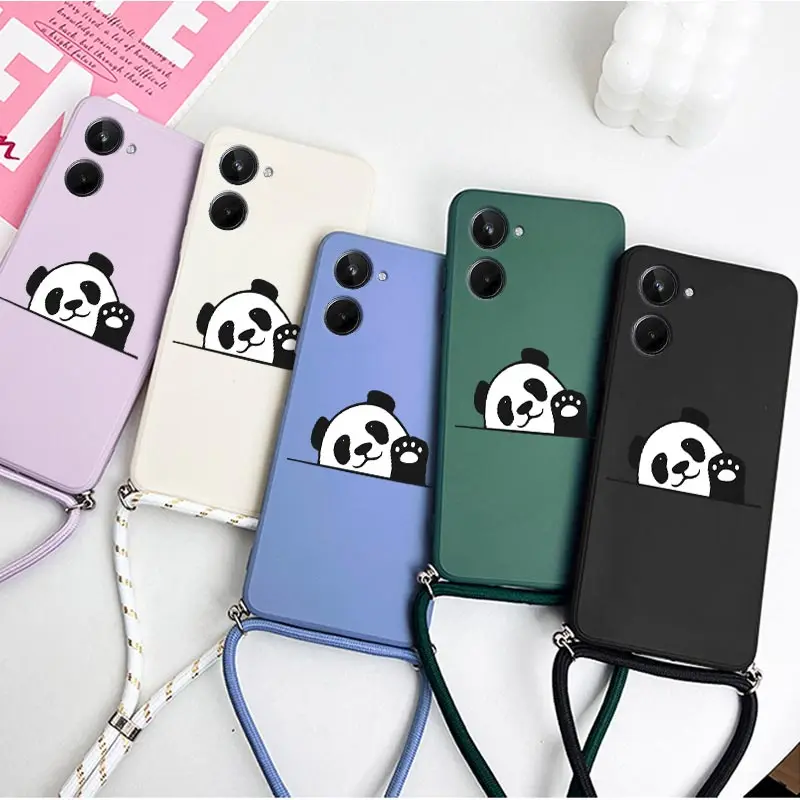 1 0 Clever Panda Lanyard Silicone Phone Case For Realme 10 10T 10Pro 8Pro 9Pro 10ProPlus 12 12Pro C25 C65 C53 C35 C67 Cover