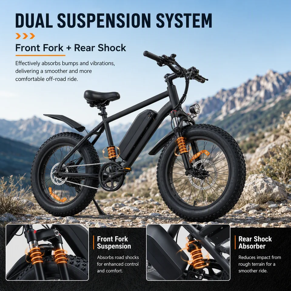 1000W Peak Electric Bike for Adults 48V 15Ah Removable Battery 40‑60 Miles Long Range 20"×4.0 Fat Tire Dual Suspension All‑Terrain E‑Bike image 7