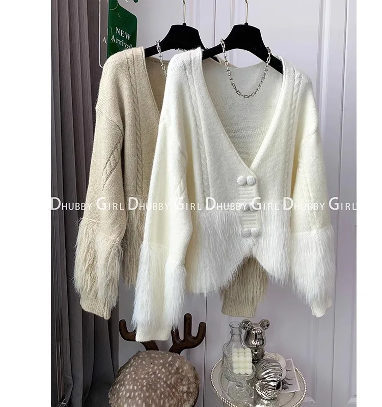 New Fall/winter Fashion Slouchy Sweater Temperament V-neck Sweet Gentle Chic Design Sweater Girls Short Tops