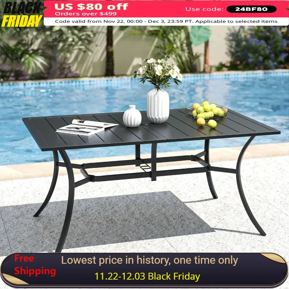 Rectangle Patio Dining Table for 6 Person, Outdoor Metal Steel Slat Table with Umbrella Hole for Patio, Black Dining Tables