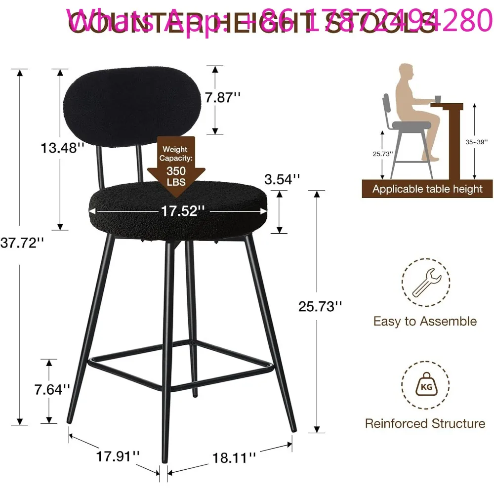 Set of 3 Boucle Barstools 26'' Upholstered Modern Counter Barstools with Back Metal LegsBar
