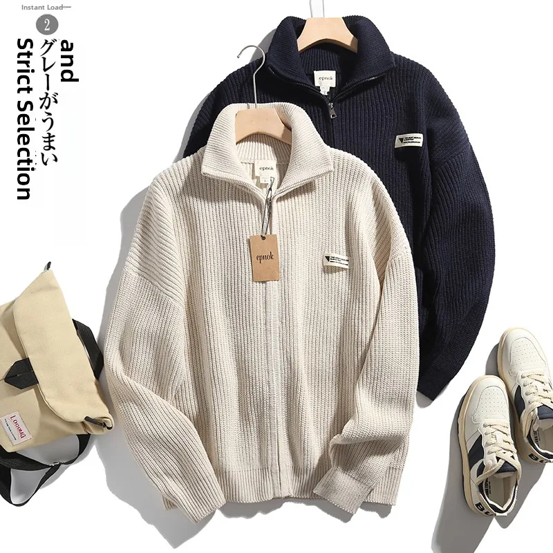 

Импортный вязаный кардиган на металлической молнии для мужчин: модный городской стиль, утепленный, с длинными рукавами, повседневная молодежная одежда