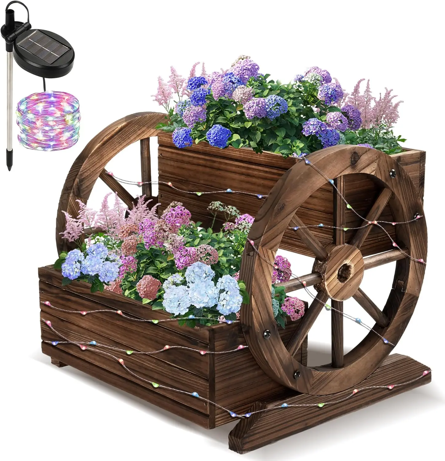 

Wooden Wagon Planter Box with Solar Light, Garden Planter with Wheels,Decorative for Flowers Herbs Vegetables for Indoor & Outdo