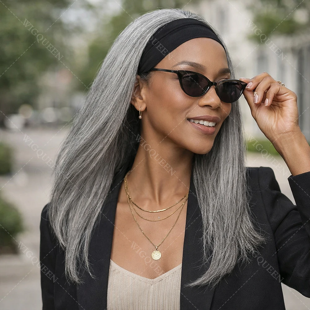 

Готовый к носке парик-повязка Soul Lady из натуральных человеческих волос, прямые, бразильские, серебристо-серые, с эффектом соли и перца, без клея, для женщин