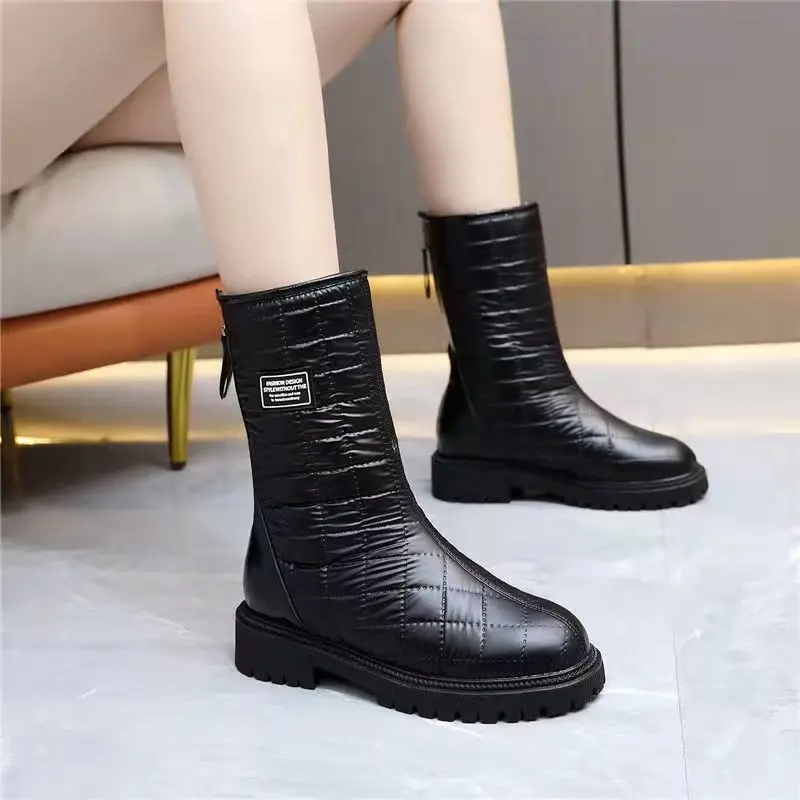 Shoes For Woman Mid Calf Silver Women\'s Snow Boots Half High Biker Waterproof Large Size Warm Winter 2024 With Stylish Hot