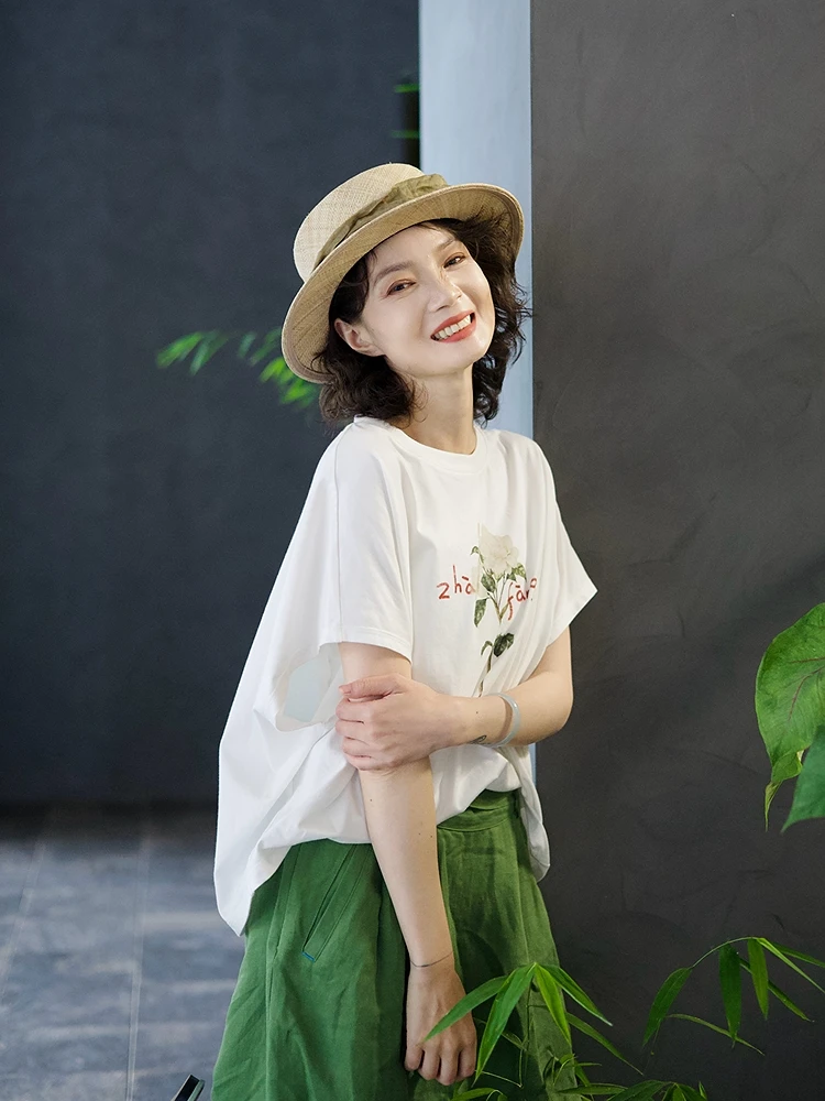 Dopamine Series 437 Jasmine Flower Cotton Linen Snowflake Texture White T-shirt Casual Style Universal Fit Loose Type