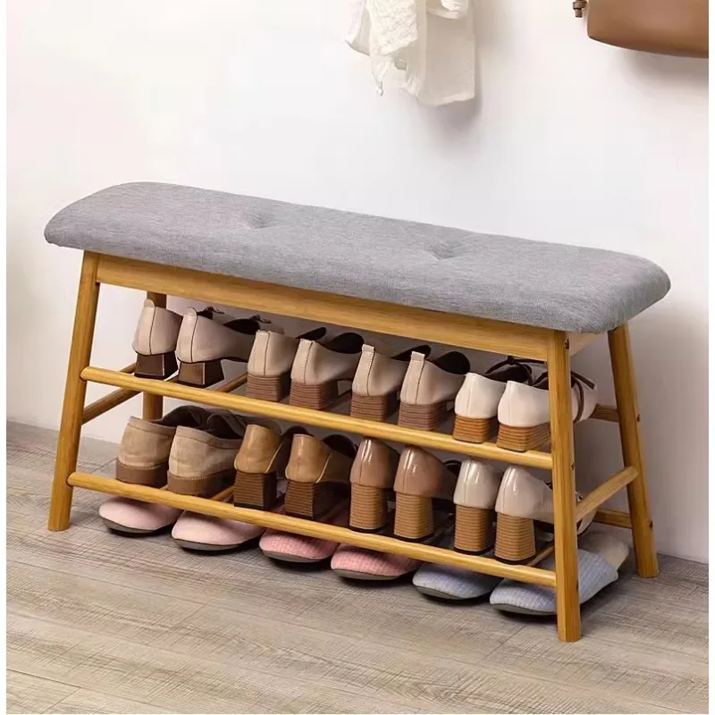 

Modern Home Small Space Sitting Shoe Changing Stool Simple Design Bamboo 3 Tier Shoe Rack Storage With Bench