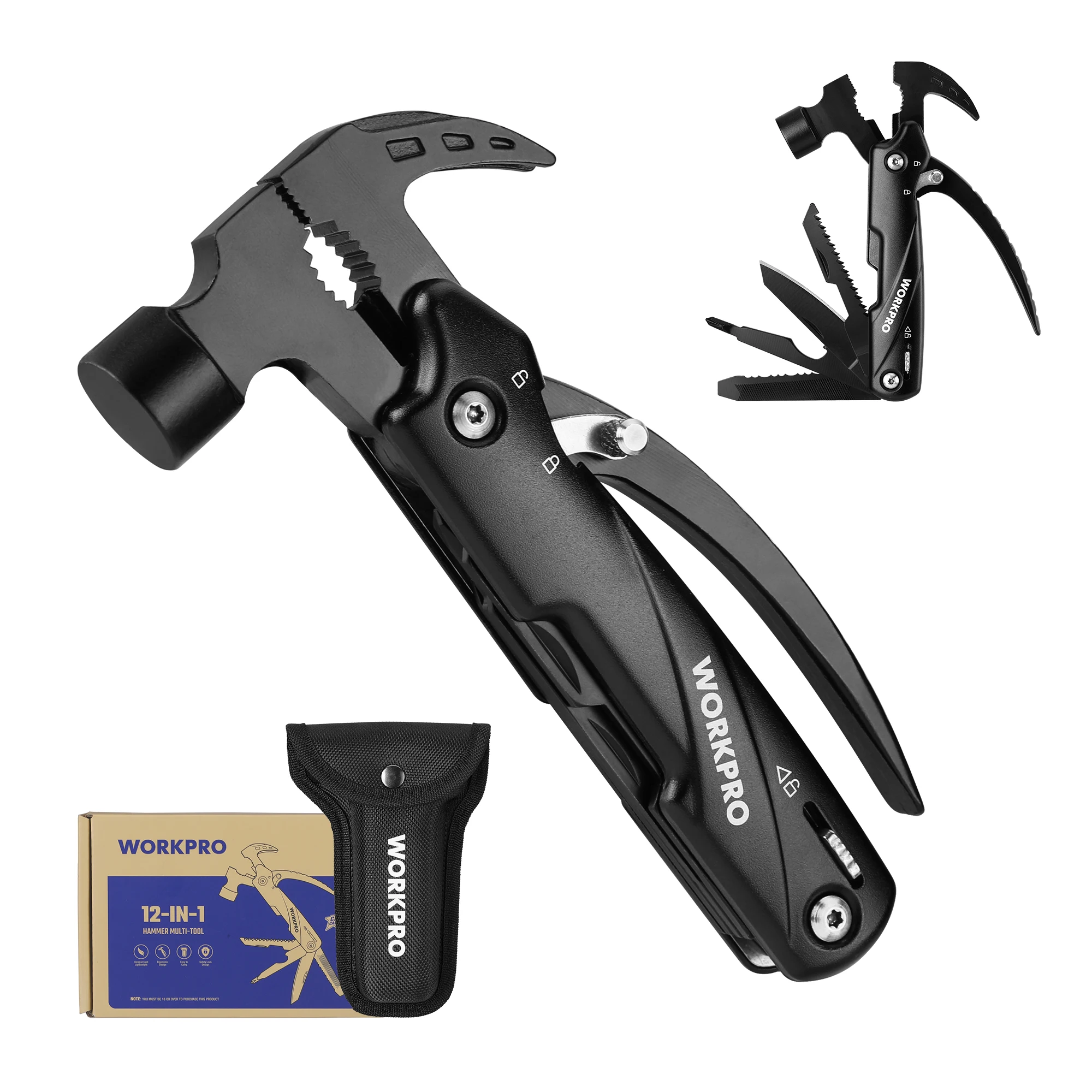 

WORKPRO 12 in 1 Hammer Multitool Portable Stainless Steel Multitool Claw Hammer With Sheath for Outdoor Survival Camping Hunting