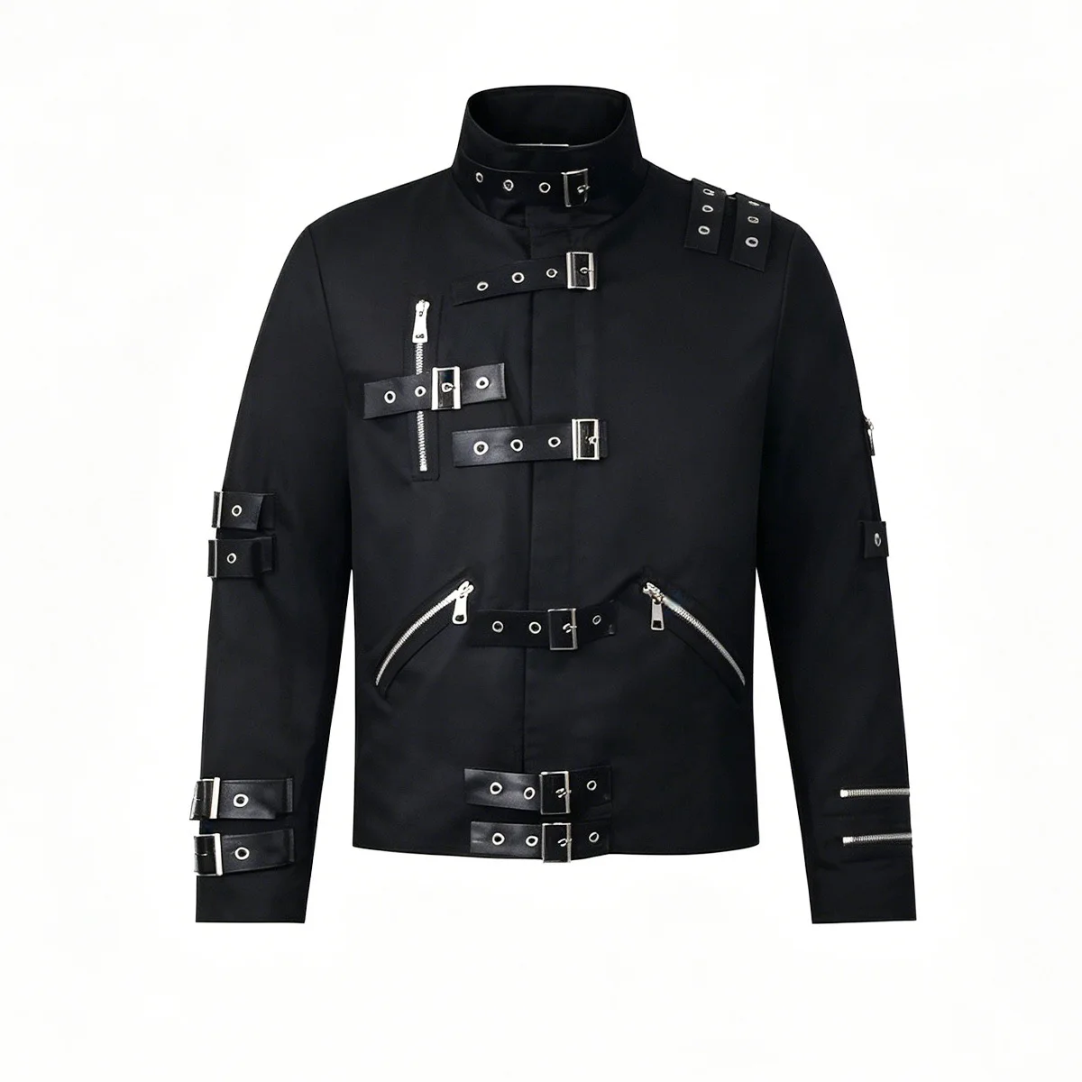 Men's Fashion Punk Style Gothic Jacket With Buckle Strap Zippers Design High Streetwear Stagewear Outerwear Stand Collar