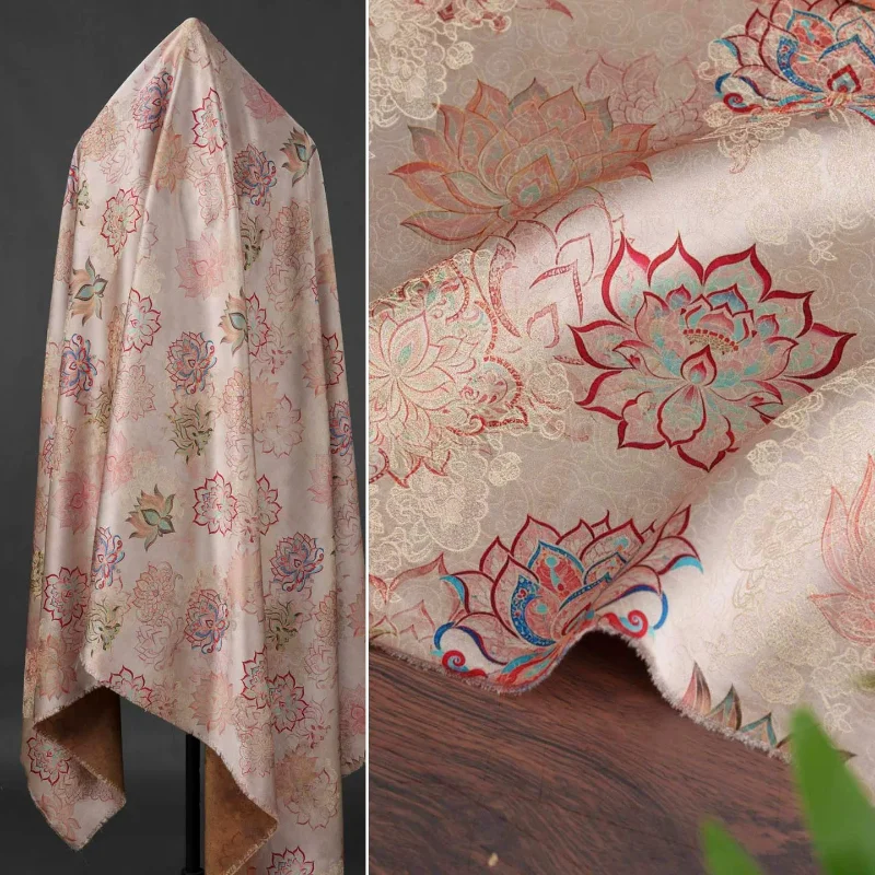 Apricot Pink Dunhuang Lotus Xiangyun Brocade Jacquard Fabric Chinese Style Dress Hanfu Qipao Tablecloth Craft Material Clothing