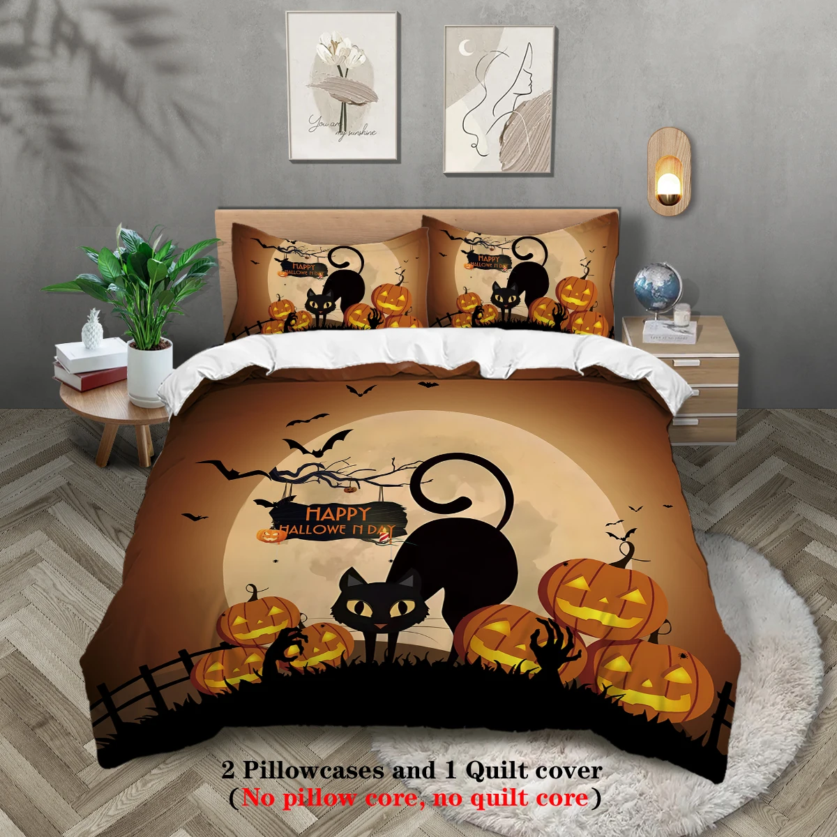 Copripiumini 3 piumini con stampa pipistrello zucca gatto nero (1 piumino + 2 federe, senza anima) set biancheria da letto Halloween