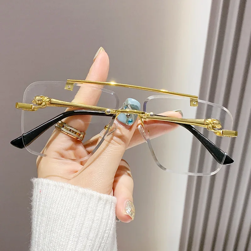 Rimless Square Pilot Sunglasses Women For Men Fashion Vintage Luxury Brand Designer Sun Glasses Punk Metal Gold Leopard Shades image 4