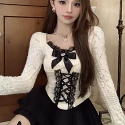 Korean Style Sweet Lace Bow Slim Tops Women Black White Long Sleeve Lace-up T-shirts Lady Spring Autumn Women Clothing Chic Tees