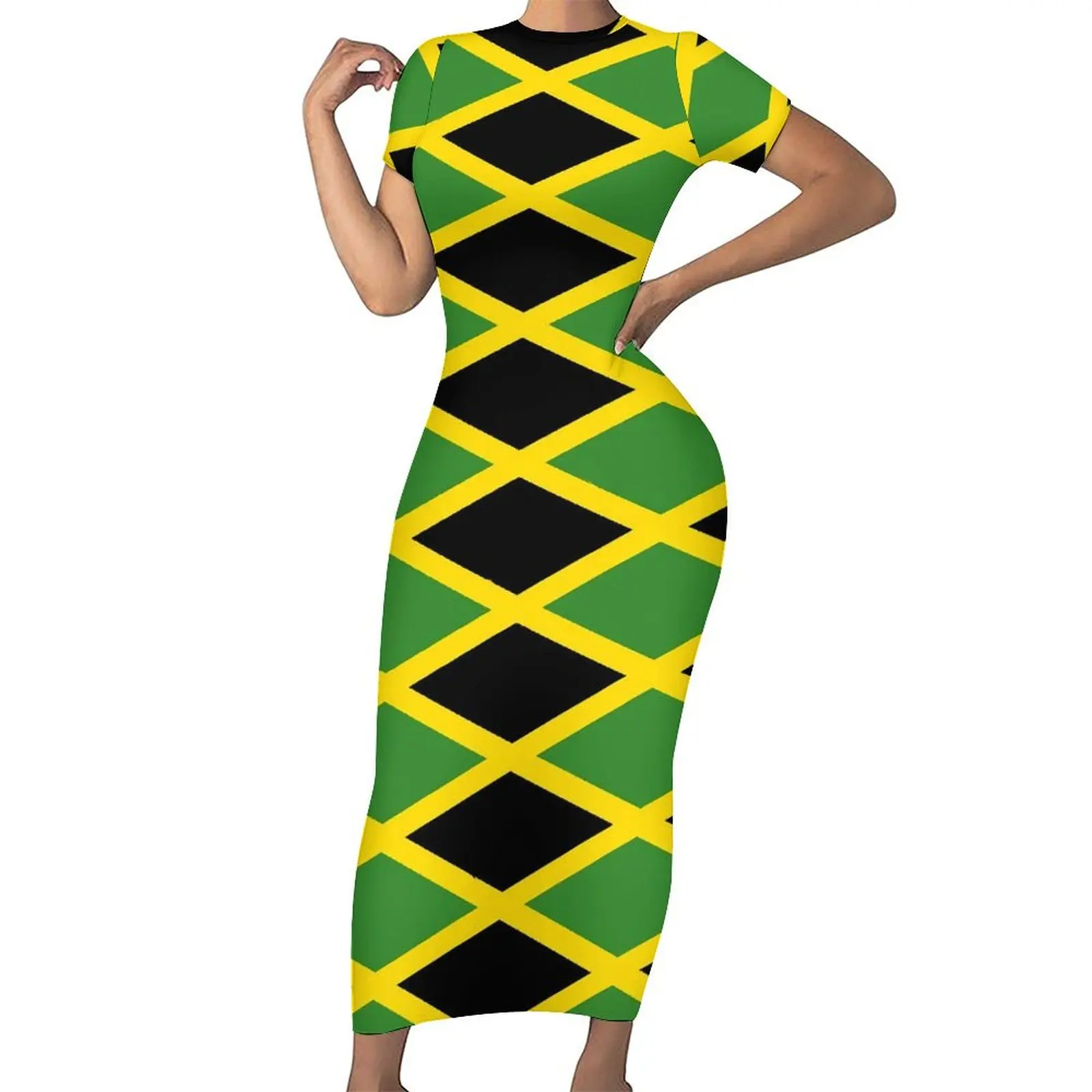 Jamaika nische Flagge Kleid Kurzarm Liebe für Jamaika süße Maxi kleider Frühling ästhetische benutzer definierte figur betonte Kleid große Größe 4xl 5xl