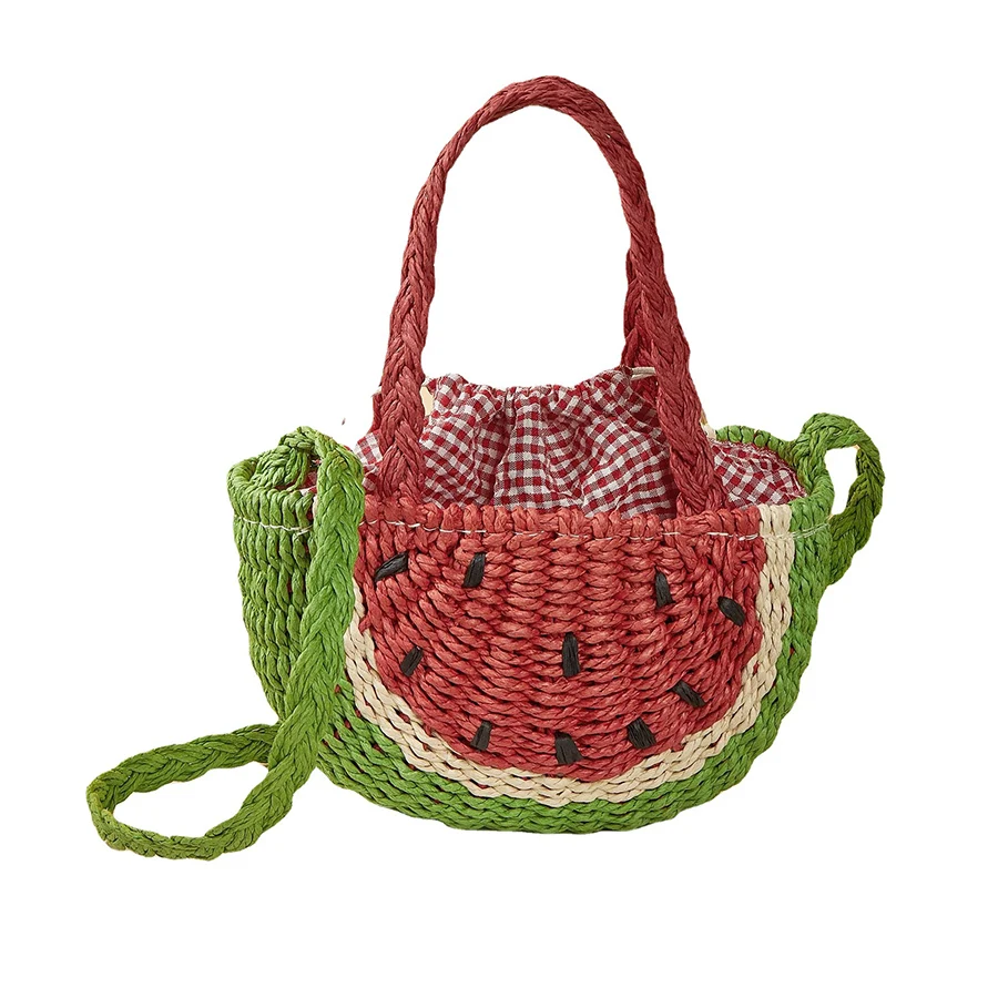 Summer New Style Fruit Shape Straw Bag Orange Watermelon Bamboo Woven Shoulder Bag for Children Elegant Beach Vacation Handbag F