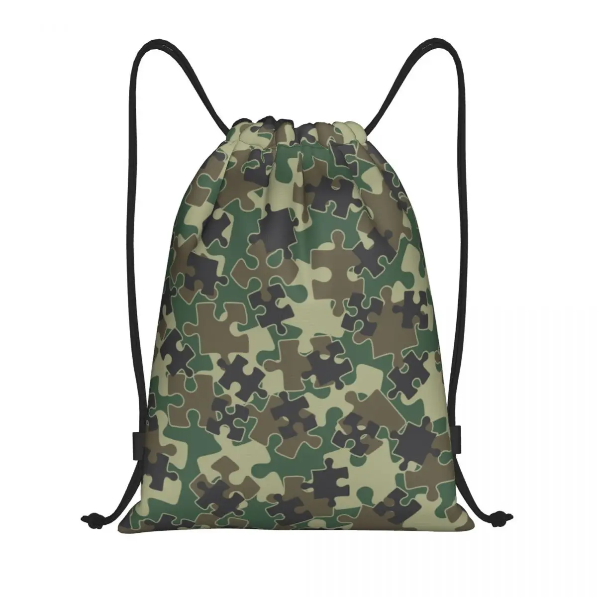 

Custom Jigsaw Puzzle Pieces Camo Woodland Green Drawstring Bags Training Yoga Backpacks Women Men Camoflage Sports Gym Sackpack