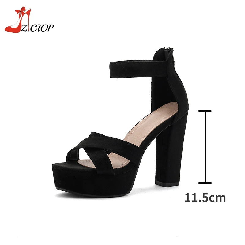 Super High Heel Sandals Women Summer Sexy Chunky Heeled Platform Sandals Zipper Ladies Black Pumps Shoes