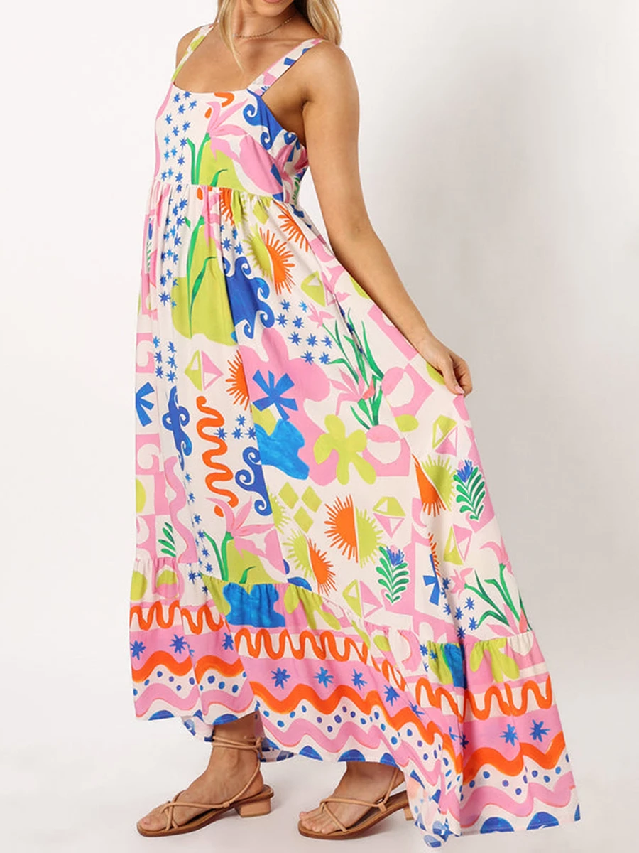 Vestido bohemio sin mangas con tirantes para mujer, vestido largo con estampado de flores para playa, cuello cuadrado, tirantes para el hombro, color rosa, Verano