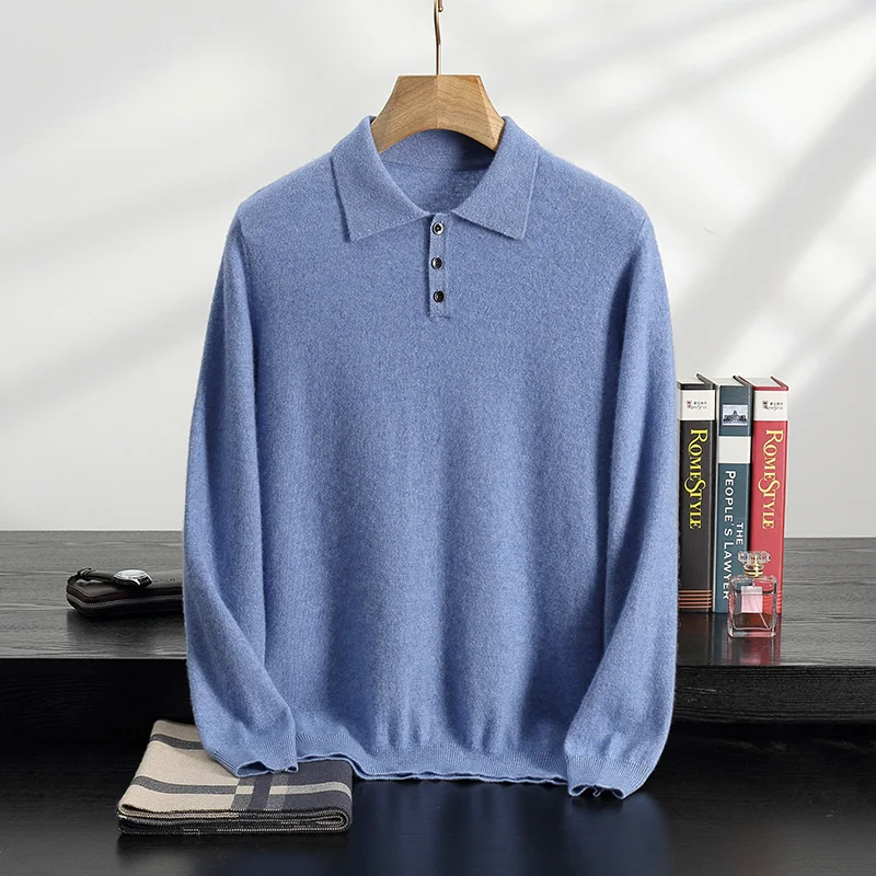 100% pure cashmere sweater men's lapel pullover long sleeve POLO neck sweater loose top business casual knit bottoming shirt