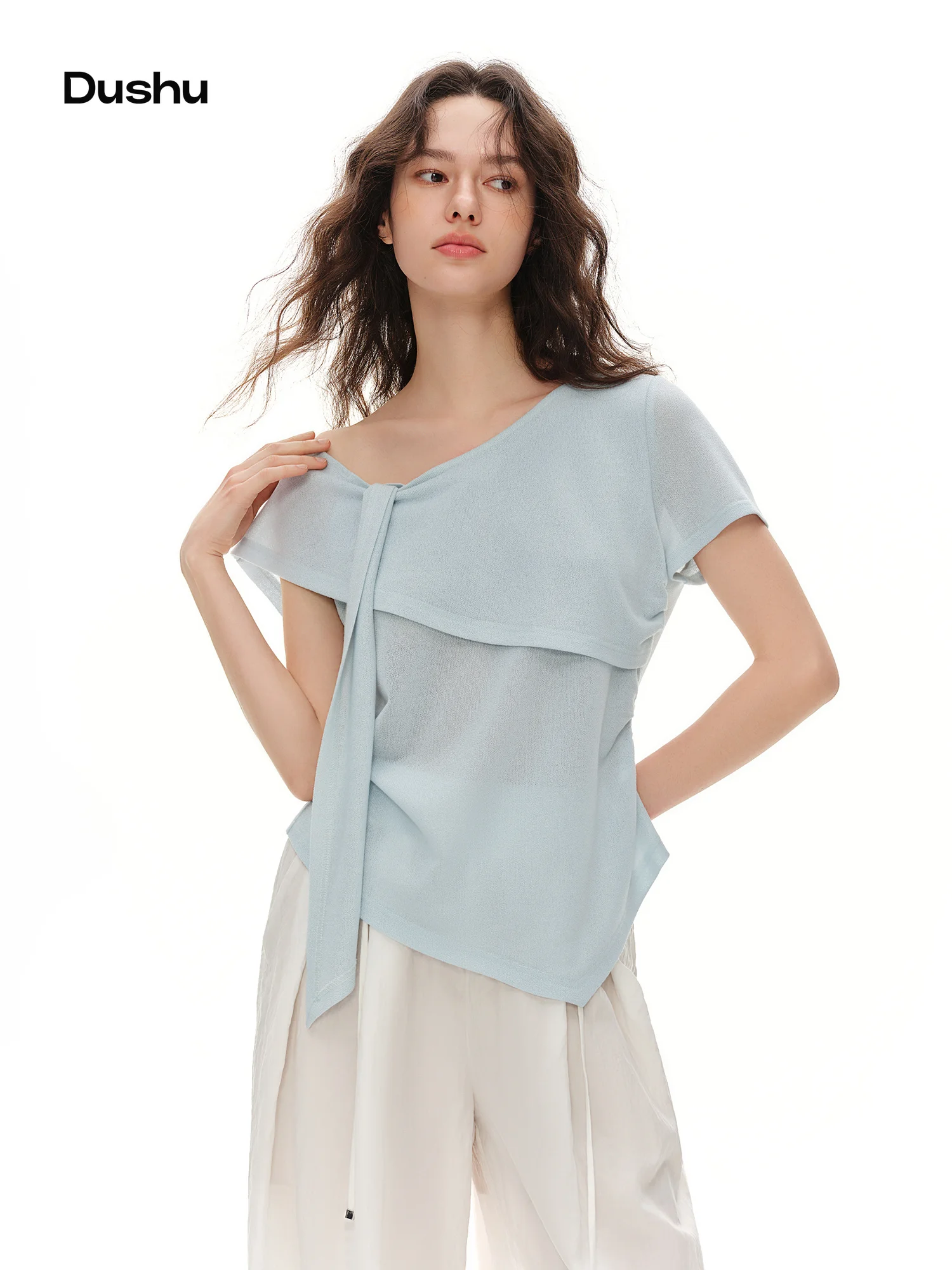 DUSHU 2026 Summer Twisted Oblique Collar Knitted T-shirt with Ribbon Imitation Linen Loose Casual Women Short Sleeve Top