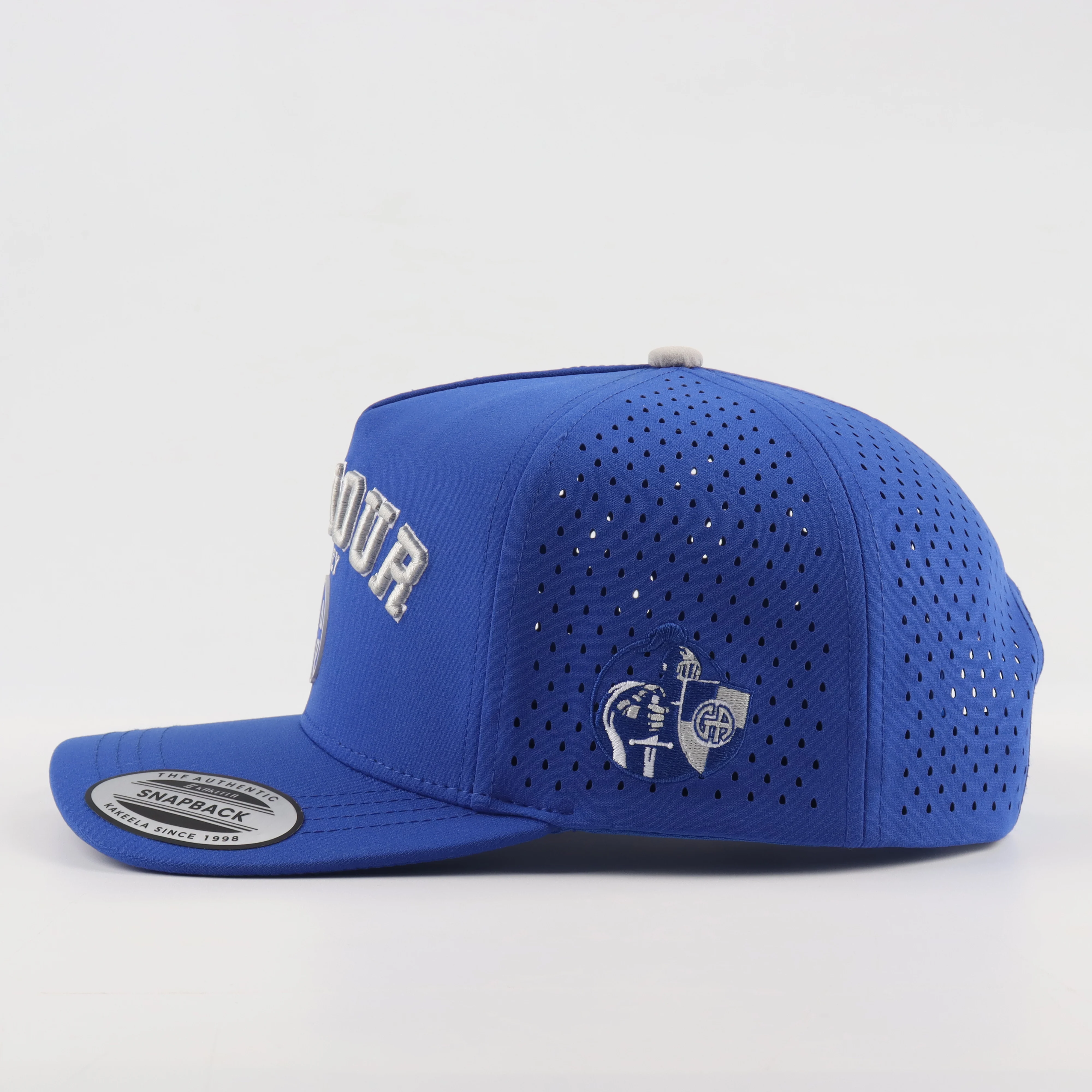 Picture 6: Oem Custom High Quality Men Women White Laser Cut Hole Perforated Dad Hat,5 Panel Curved Brim Woven Patch Logo Rope Baseball Cap