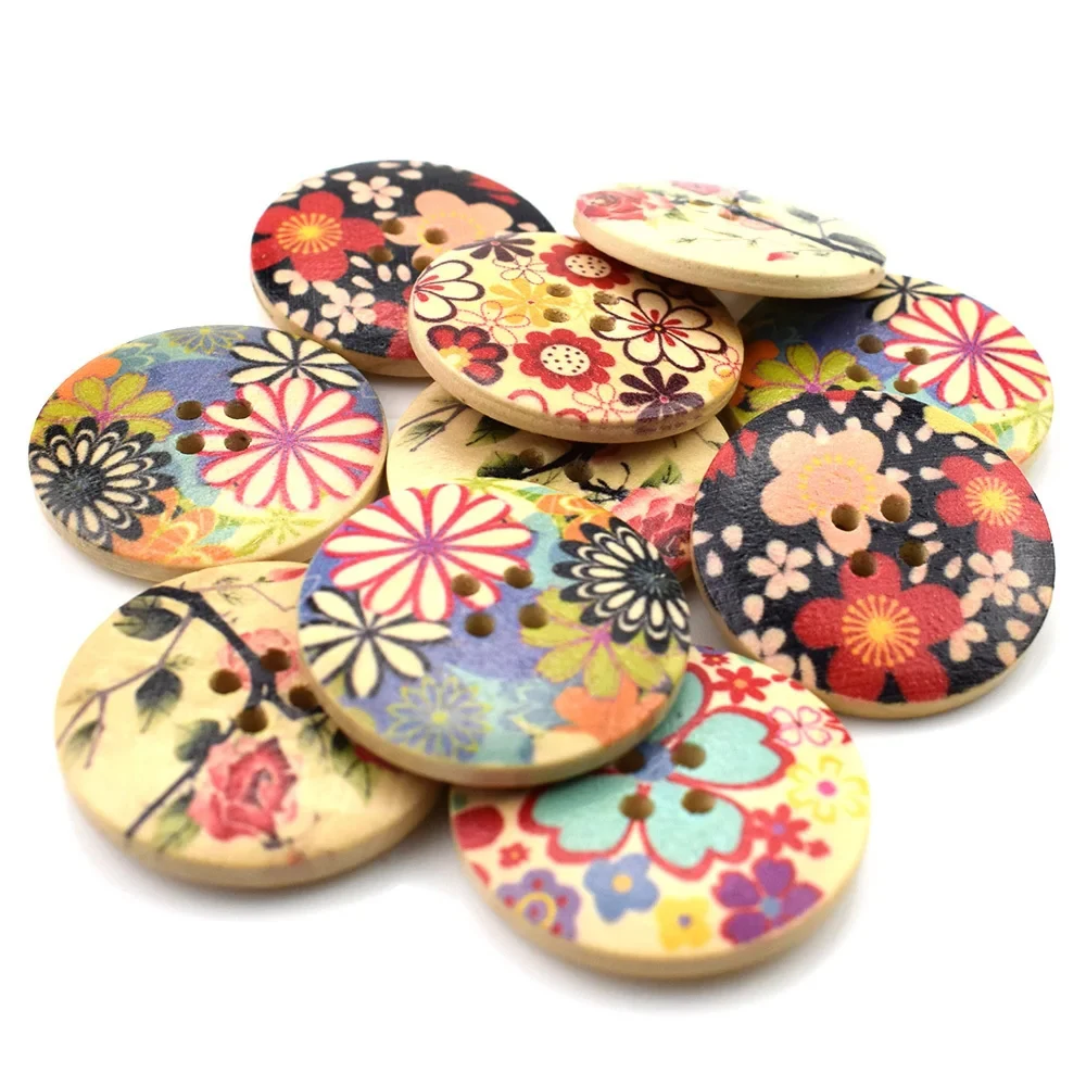 Mix Wood Flower Buttons for Clothing Sewing, 10Pcs, 30mm, 4 Holes, Decorative Crafts, Home Decor